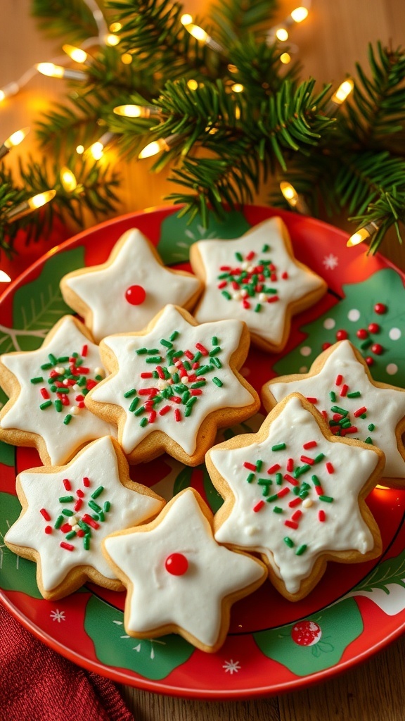 A plate of colorful Christmas cookies with sprinkles and icing, set against a festive background.